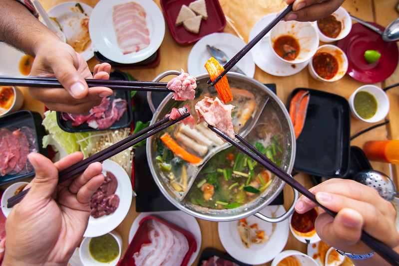 Shabu shabu with freshly sliced pork meat and vegetables