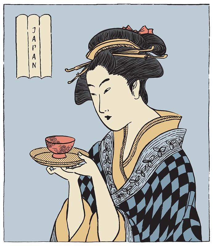 Japanese woman enjoying a cup of tea
