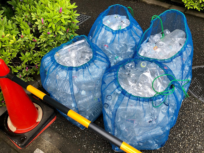 Plastic bottles in blue nets
